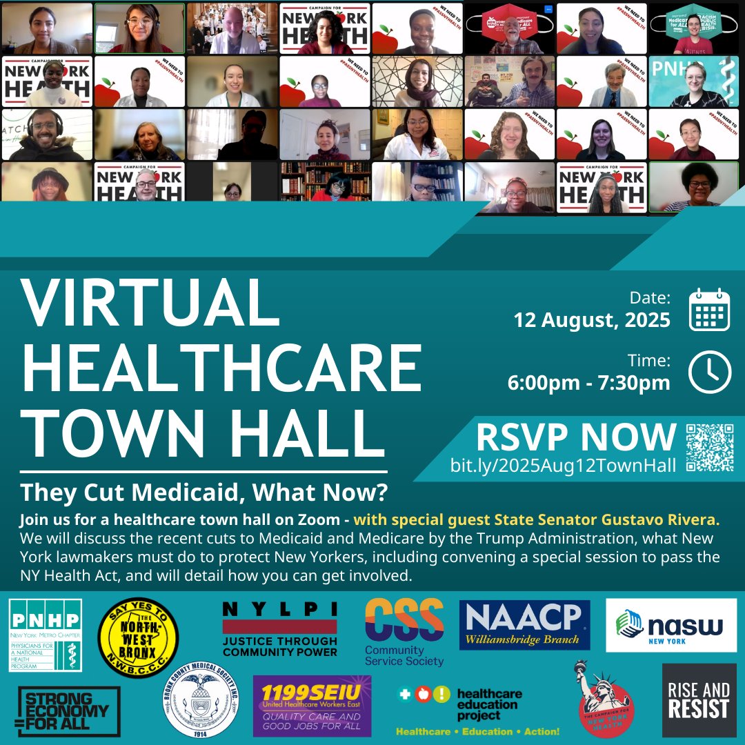 TONIGHT!
Virtual Town Hall: They Cut Medicaid, What Now?!

8/12 6pm - Zoom
RSVP &amp; Speakers: bit.ly/2025Aug12TownH…

Learn how federal cuts will effect NY, our rights when confronted by ICE &amp; why NY leaders must call a special session to #PassNYHealth &amp; #NY4All to protect NYers.
