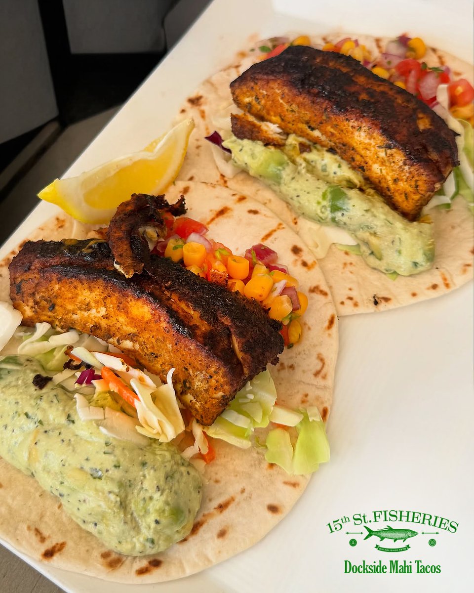 The Mahi Tacos at 15th Street Fisheries are a perfect choice this Tuesday! Served downstairs at Fisheries Dockside for lunch or dinner, they're grilled, blackened or pan-seared, and prepared with fresh slaw, sweet corn salsa and avocado sour cream on grilled flour tortillas! Ole!