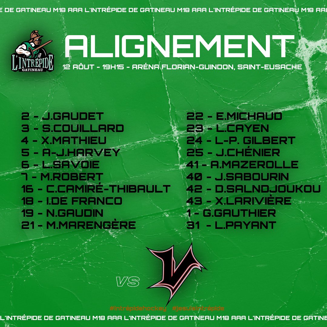 Notre alignement pour ce soir à Saint-Eustache ⚔️

#jesuisintrépide | #intrépidehockey