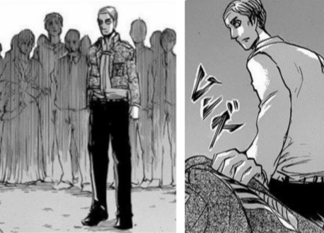 About Levi's Jacket:
1)It's confirmed by Isym it isn't Levi's
2)It was worn to hide smt in case events w gendarmey men turned out badly (a gun, as it's shown fews panels later )
3)It's unknown the name of its owner, still, in chap 57 , Erwin was seen wearing mismatched clothes :3