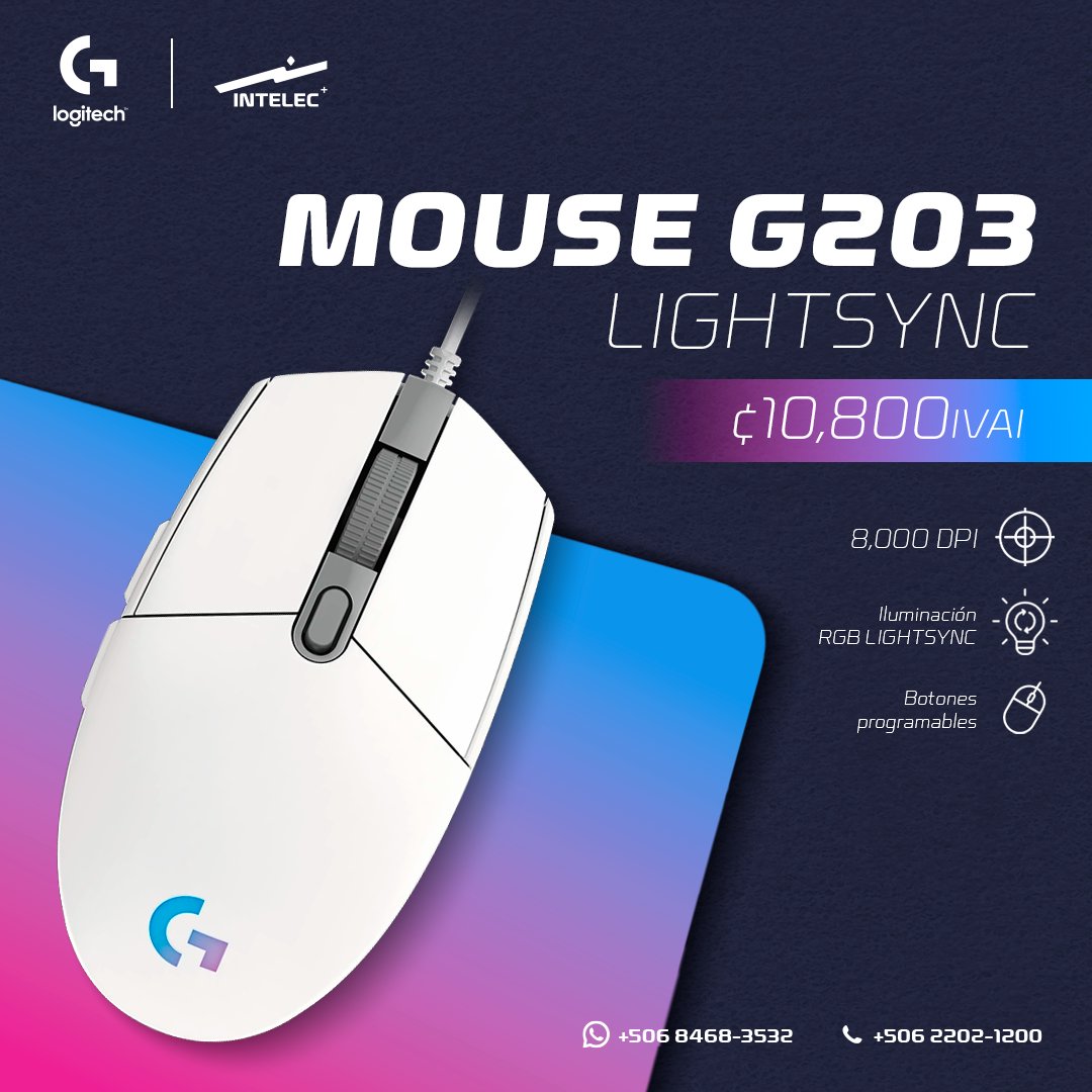 Intelec_CR's tweet image. ¡Logitech G203 LIGHTSYNC en Intelec! 🎮 Mouse gamer con 8,000 DPI, iluminación RGB y botones programables. ¡Juega a tu manera! 🚀

Info y compra: intelec.co.cr/logi-tech
Envíos a todo el país. 📦

📍 Visita tiendas.
📞 2202-1200 | 📱 8468-3532

#LogitechG203 #Gaming