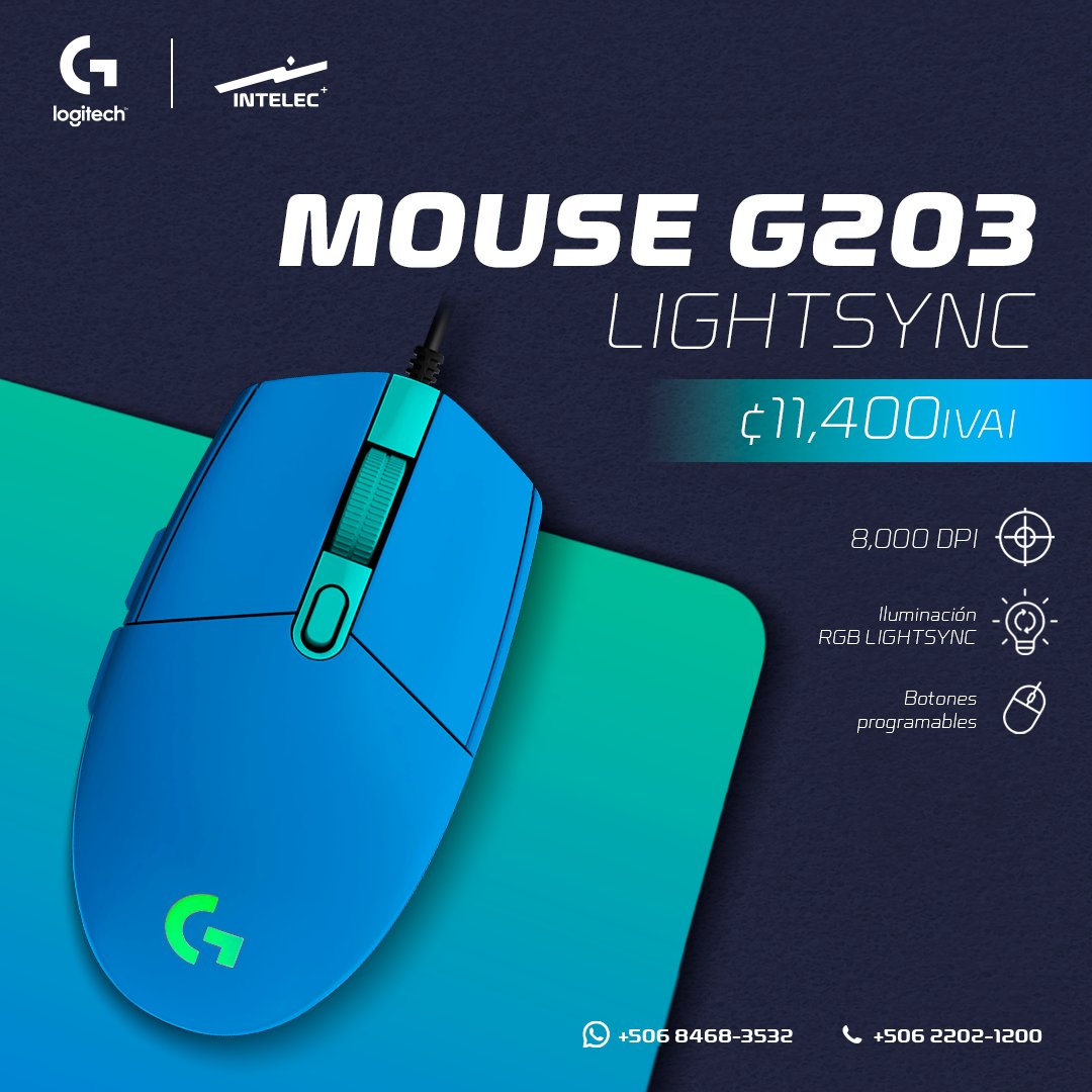 Intelec_CR's tweet image. ¡Logitech G203 LIGHTSYNC en Intelec! 🎮 Mouse gamer con 8,000 DPI, iluminación RGB y botones programables. ¡Juega a tu manera! 🚀

Info y compra: intelec.co.cr/logi-tech
Envíos a todo el país. 📦

📍 Visita tiendas.
📞 2202-1200 | 📱 8468-3532

#LogitechG203 #Gaming