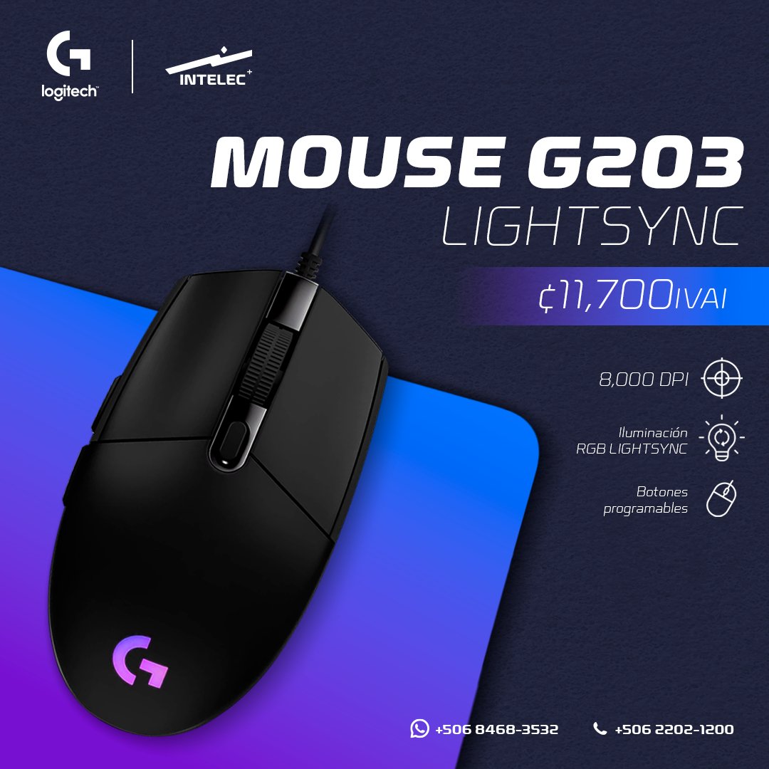 Intelec_CR's tweet image. ¡Logitech G203 LIGHTSYNC en Intelec! 🎮 Mouse gamer con 8,000 DPI, iluminación RGB y botones programables. ¡Juega a tu manera! 🚀

Info y compra: intelec.co.cr/logi-tech
Envíos a todo el país. 📦

📍 Visita tiendas.
📞 2202-1200 | 📱 8468-3532

#LogitechG203 #Gaming