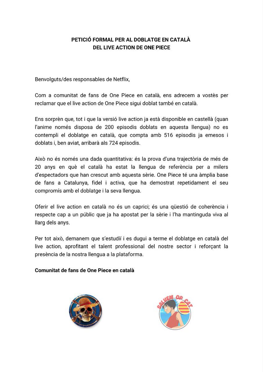 DCastanye's tweet photo. @NetflixES El volem en català!
#OPLiveActionCat #OnePieceCatala  @DoblatgeCatala https://t.co/2r6YZubWW6