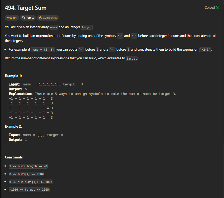 DeveshR1818's tweet photo. π
Day 54/100 of #100DaysOfCode
β
Solved: Target Sum
π‘ Topic: Dynamic Programming (Subset Sum Transformation)
π§ Approach: Converted to subset sum problem and used DP to count possible ways.
#LeetCode #Java #DynamicProgramming #TargetSum #100DaysOfCode #DSA https://t.co/1g9lQMFtv9