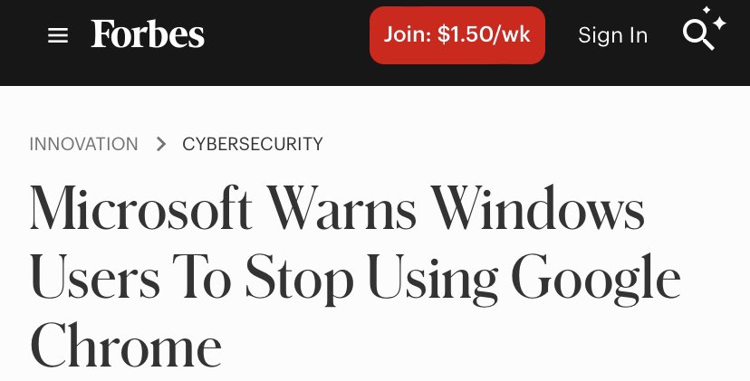unusual_whales's tweet image. Microsoft, $MSFT, warns Windows users to stop using Google, $GOOGL, Chrome, per Forbes