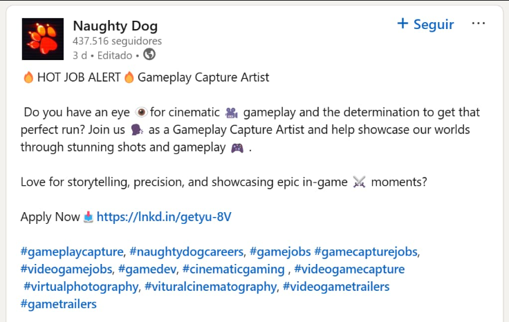 Naughty Dog procura “artista especializado em capturar clipes de gameplay” para Intergalactic.