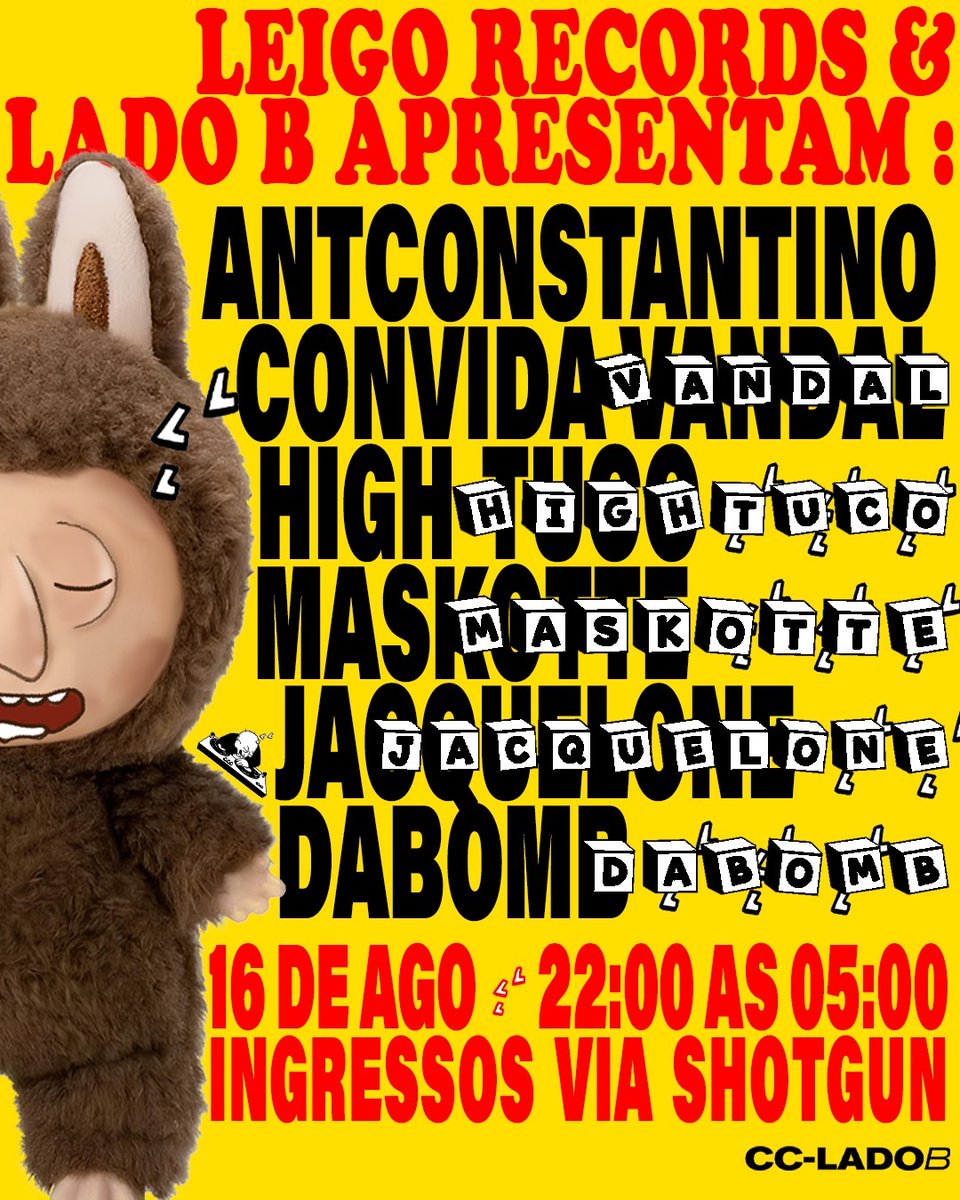 grisalho (@grisvlho) on Twitter photo Sexta feira em parceria com a Lado B, Leigo Records convida VANDAL diretamente de Salvador.
Ultimos antecipados no link:
shotgun.live/events/leigo-r…
Listas Trans, NB e moradores da baixada fluminense, enviar um email para: comercial@ccladob.com Sexta feira em parceria com a Lado B, Leigo Records convida VANDAL diretamente de Salvador.
Ultimos antecipados no link:
shotgun.live/events/leigo-r…
Listas Trans, NB e moradores da baixada fluminense, enviar um email para: comercial@ccladob.com