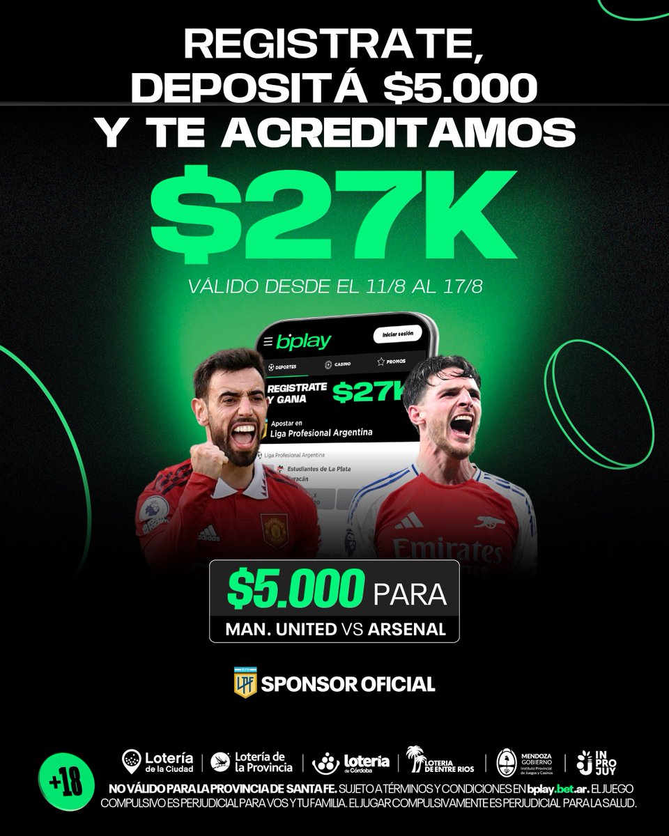 🔥 ¡LA PREMIER LEAGUE ARRANCA CON TODO! 

👉 Registrate, depositá $5.000 y arrancá con $27K + $5K para jugar en el clásico entre Manchester United 🆚 Arsenal.  

📲 bplay.bet.ar