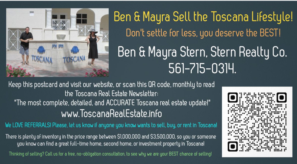 Ben and Mayra Stern have been living, working, and playing in Toscana since 2012. No other couple in the real estate business cares as much as we do about this beautiful oceanfront community. We sell the Toscana Lifestyle, EVERY SINGLE DAY and we do it with unparalleled passion.