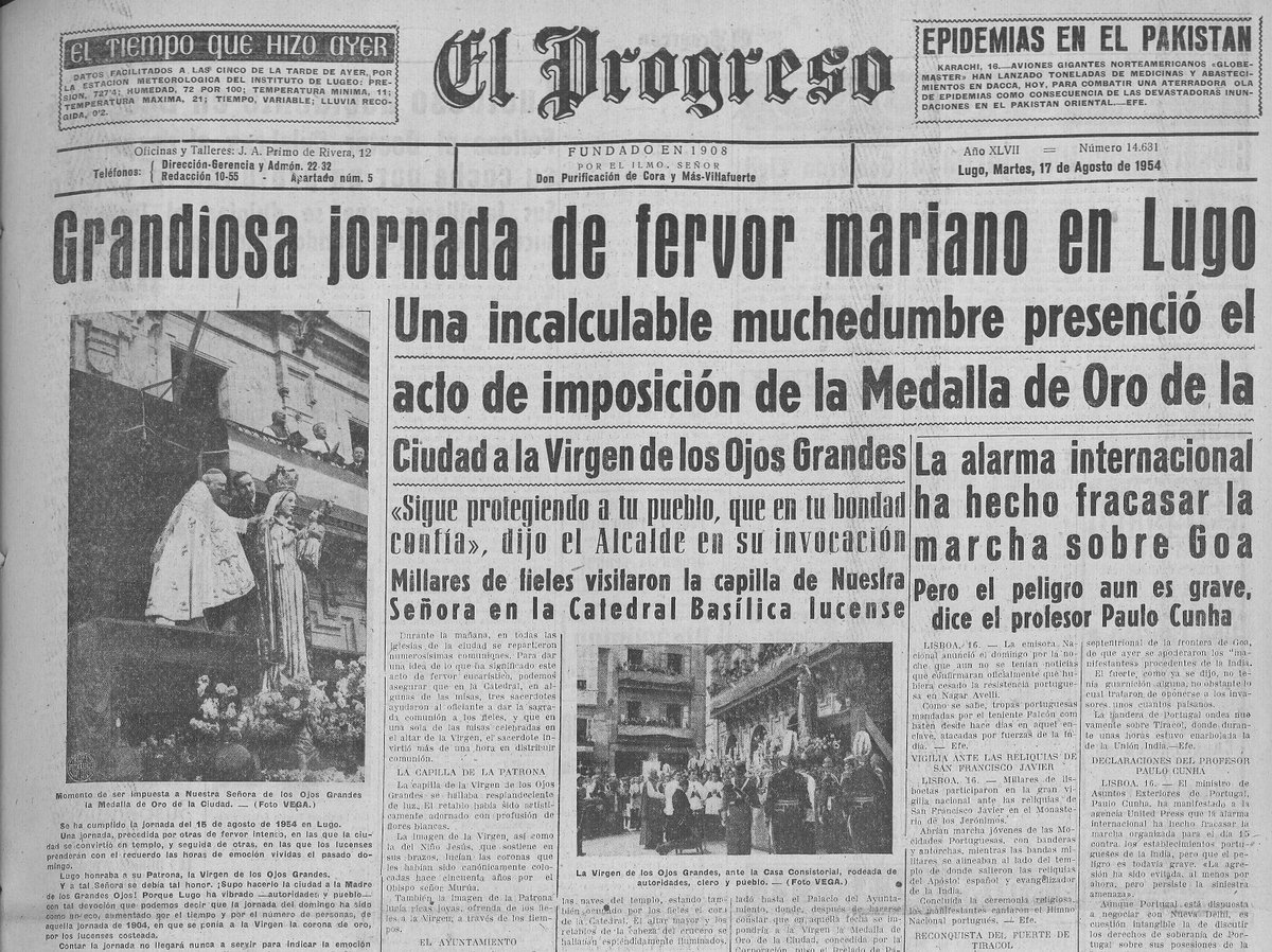 Un dos tesouros más queridos do noso museo e a medalla que a cidade de Lugo lle impuxo a súa patrona: a Virxe dos Ollos Grandes.
Os titulares de xornais como <a href="/elprogreso_Lugo/">El Progreso de Lugo</a>  do ano 1954 expoñen con elocuencia o fervor dese 15 de agosto.
😍😍