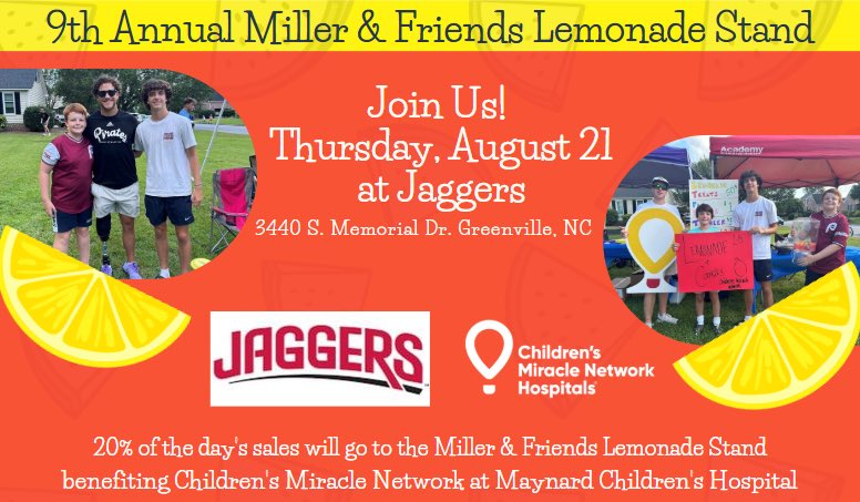 Marc Miller (@msquared_pitt) on Twitter photo Year 9 of my boysโ lemonade stand!
> $21,000 raised in the last 8 years for the Maynard Childrenโs Hospital at <a href="/ECUHealthNC/">ECU Health</a> via <a href="/CMNGreenvilleNC/">Children's Miracle Network - Greenville NC</a>
Thanks to local businesses this year - see below and mark your calendars!
Story in ๐งต, more info & donate at tinyurl.com/45wk2up2 Year 9 of my boysโ lemonade stand!
> $21,000 raised in the last 8 years for the Maynard Childrenโs Hospital at <a href="/ECUHealthNC/">ECU Health</a> via <a href="/CMNGreenvilleNC/">Children's Miracle Network - Greenville NC</a>
Thanks to local businesses this year - see below and mark your calendars!
Story in ๐งต, more info & donate at tinyurl.com/45wk2up2