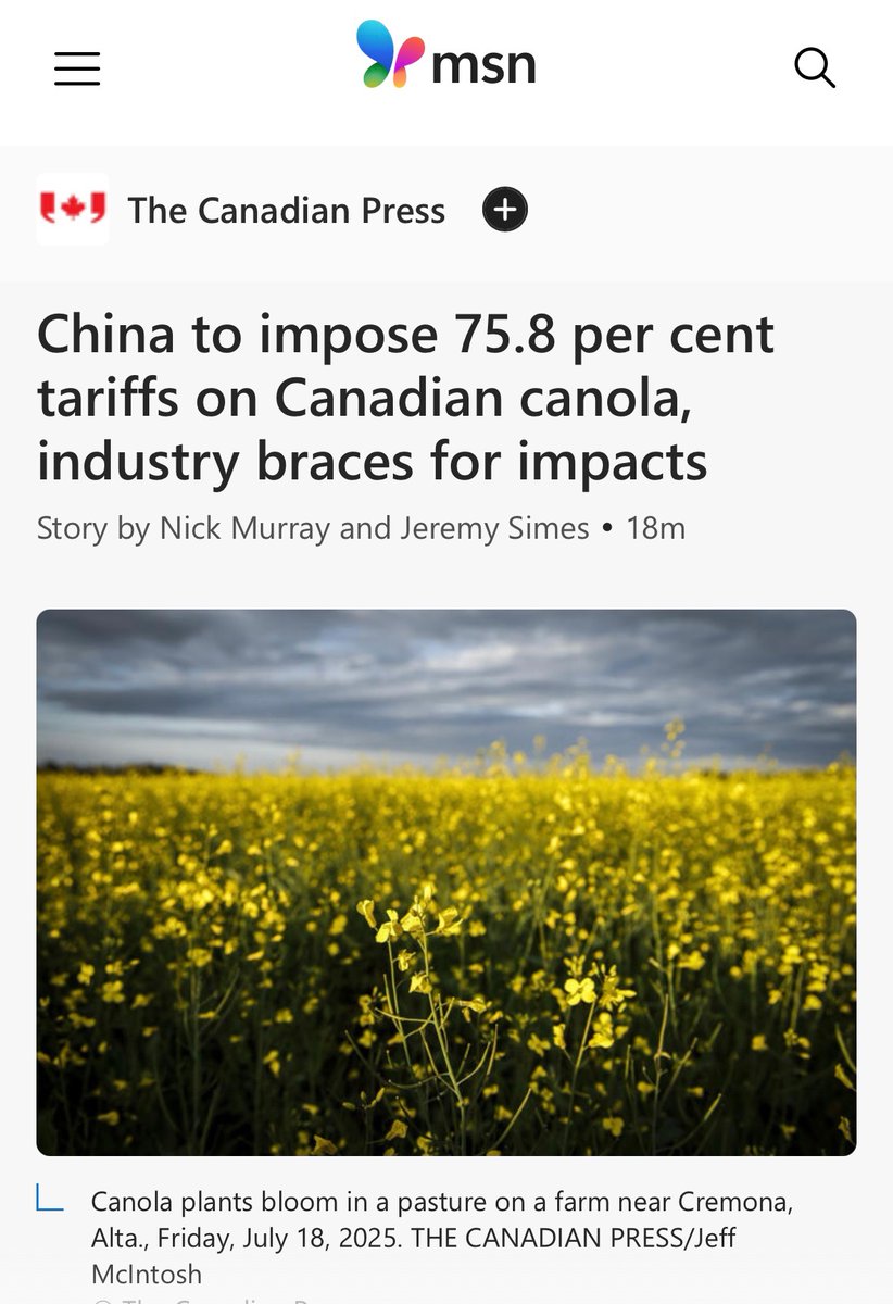 davidbexte's tweet photo. BREAKING: This is devastating news for Canadian canola farmers as harvest begins. China has hit Canadian canola with a punishing 75.8% tariff, using false claims of dumping to attack one of our largest agricultural exports and an industry that supports over 200,000 Canadian jobs.

The Canola Council of Canada says our trade practices follow international rules, yet the Liberal government has no plan to respond. After nearly a decade of Liberal mismanagement and weak trade policy, countries like China see Canada as an easy target. Farmers need immediate support and strong action to protect their livelihoods. We were told Mark Carney was an expert negotiator, but he has shown no willingness to stand up for Canadian producers. Under this Liberal government, another major Canadian industry is left exposed and undefended against damaging tariffs. The Prime Minister must defend Canadian Agriculture.