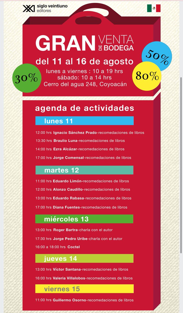 ¡Ya empezó la Gran venta de bodega de <a href="/sigloxximex/">Siglo XXI Editores</a>!

Nos vemos por acá el jueves. Hay super promociones. 🙌🏻