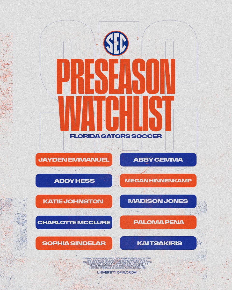 🔟 Gators on SEC ⚽️ Preseason Watchlist

🔗 tinyurl.com/edjy278a

Season starts Thursday night in Tallahassee!

#GoGators | 🐊⚽️