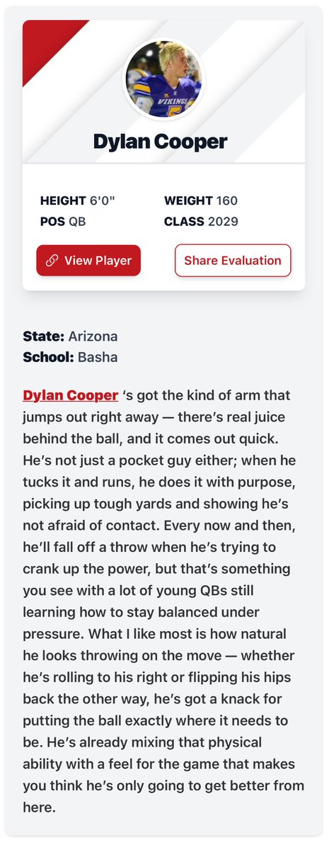 Dylan Cooper QB 2029 (@dylan_cooper09) on Twitter photo Can’t thank <a href="/thehonestupdate/">Hunter Tierney</a> at <a href="/PrepRedzoneAZ/">Prep Redzone Arizona</a> enough for the breakdown. I am just getting started, much more hard work and learning ahead.
<a href="/bashagridiron/">Basha Gridiron</a>
<a href="/Coach_UngerLB/">CoachUnger</a>
<a href="/brettboyd34/">Brett Boyd</a>
<a href="/GroundUpQB/">GROUND UP</a>
<a href="/JUSTCHILLY/">Just Chilly</a>
<a href="/therealbeadle/">Adam Beadle</a>
<a href="/QBHitList/">QBHitList.com</a>
<a href="/CodyTCameron/">Cody Cameron</a> Can’t thank <a href="/thehonestupdate/">Hunter Tierney</a> at <a href="/PrepRedzoneAZ/">Prep Redzone Arizona</a> enough for the breakdown. I am just getting started, much more hard work and learning ahead.
<a href="/bashagridiron/">Basha Gridiron</a>
<a href="/Coach_UngerLB/">CoachUnger</a>
<a href="/brettboyd34/">Brett Boyd</a>
<a href="/GroundUpQB/">GROUND UP</a>
<a href="/JUSTCHILLY/">Just Chilly</a>
<a href="/therealbeadle/">Adam Beadle</a>
<a href="/QBHitList/">QBHitList.com</a>
<a href="/CodyTCameron/">Cody Cameron</a>