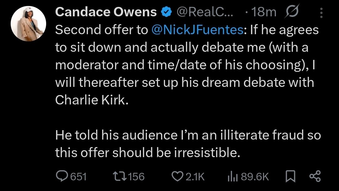 Dismane (@misantopic) on Twitter photo Hopefully no one is dumb enough to think that <a href="/RealCandaceO/">Candace Owens</a> can just command <a href="/charliekirk11/">Charlie Kirk</a> to debate <a href="/NickJFuentes/">Nicholas J. Fuentes</a>
Just empty promises because she knows the end of her career is coming up Hopefully no one is dumb enough to think that <a href="/RealCandaceO/">Candace Owens</a> can just command <a href="/charliekirk11/">Charlie Kirk</a> to debate <a href="/NickJFuentes/">Nicholas J. Fuentes</a>
Just empty promises because she knows the end of her career is coming up