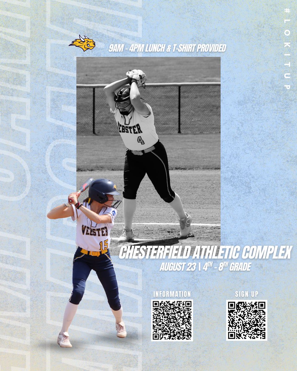Webster Softball (@gorlokssoftball) on Twitter photo Our 4th-8th grade camp is NEXT SATURDAY!!
Registration 🔗 commerce.cashnet.com/cashneti/stati…
Shirt & more information 🔗 docs.google.com/forms/d/e/1FAI…
📍Chesterfield Athletic Association Quad F
⏰ 9am - 4pm
If you have any problems contact Coach Al, alsampson@webster.edu Our 4th-8th grade camp is NEXT SATURDAY!!
Registration 🔗 commerce.cashnet.com/cashneti/stati…
Shirt & more information 🔗 docs.google.com/forms/d/e/1FAI…
📍Chesterfield Athletic Association Quad F
⏰ 9am - 4pm
If you have any problems contact Coach Al, alsampson@webster.edu