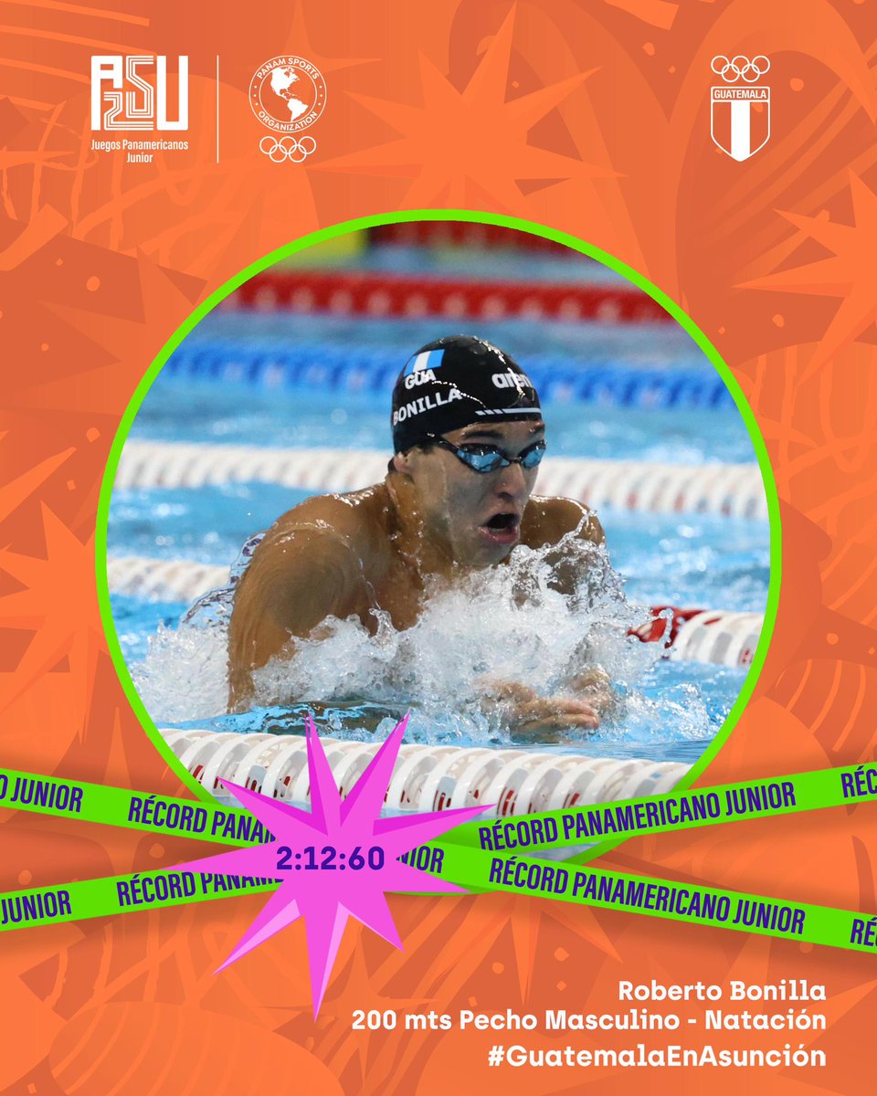 COGuatemalteco's tweet photo. 🏊‍♂️🔥🇬🇹 ¡QUÉ ALEGRÍA! Roberto Bonilla detuvo el cronómetro en 2:12.60 para imponer un nuevo récord panamericano junior en los 200 m pecho masculino en #Asu2025 💙💥.

🤩 El guatemalteco se quedó con el primer lugar de la final tras una excelente jornada en sus segundos Panamericanos Junior.

¡Felicidades, Roberto! 💥👏🏼
#GuatemalaEnAsunción #ASU2025