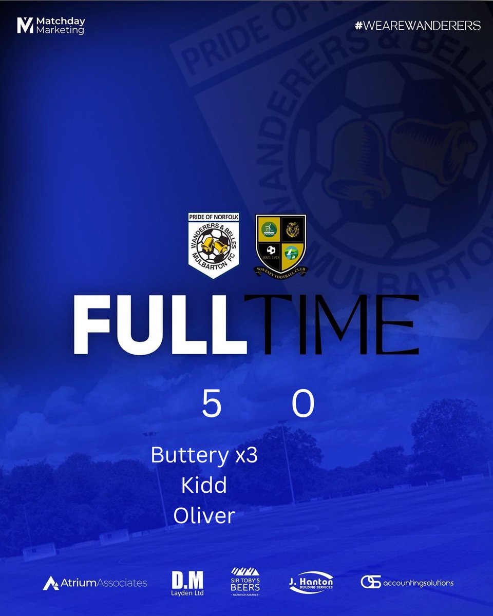 🔵 FULL TIME ⚫️

Tonight’s decent performance at the Abode Arena resulted in a 5-0 victory against Waveney Res.

Our skipper <a href="/JoshButtery99/">Josh</a> hitting his first trick of the season, a first goal for local boy <a href="/BenKidd24676906/">Ben Kidd</a> and for 16 Year Old Bertie Oliver.

💙🖤

#MWFC