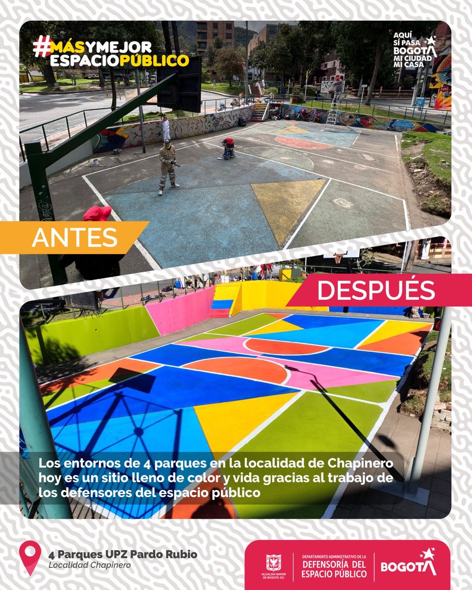 luciabastidasu's tweet image. #TransformACCIÓN #Día2
📍Chapinero 
Los defensores @DadepBogota dejan huella: limpiaron y pintaron  canchas, juegos, andenes, mobiliario y postes; renovamos materas, pasamanos y zonas deportivas. Espacios  para que la comunidad disfrute de #MásYMejorEspacioPúblico #AquíSíPasa