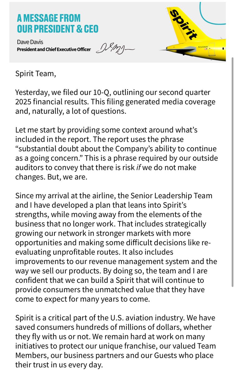 krisvancleave's tweet photo. Last night in regulatory filing @SpiritAirlines: “there is substantial doubt as to the Company’s ability to continue.”  
Today it’s CEO to employees: “This is a phrase required by our outside auditors to convey that there is risk if we do not make changes. But, we are.” 
More ⬇️ https://t.co/kvSfdAfYVw