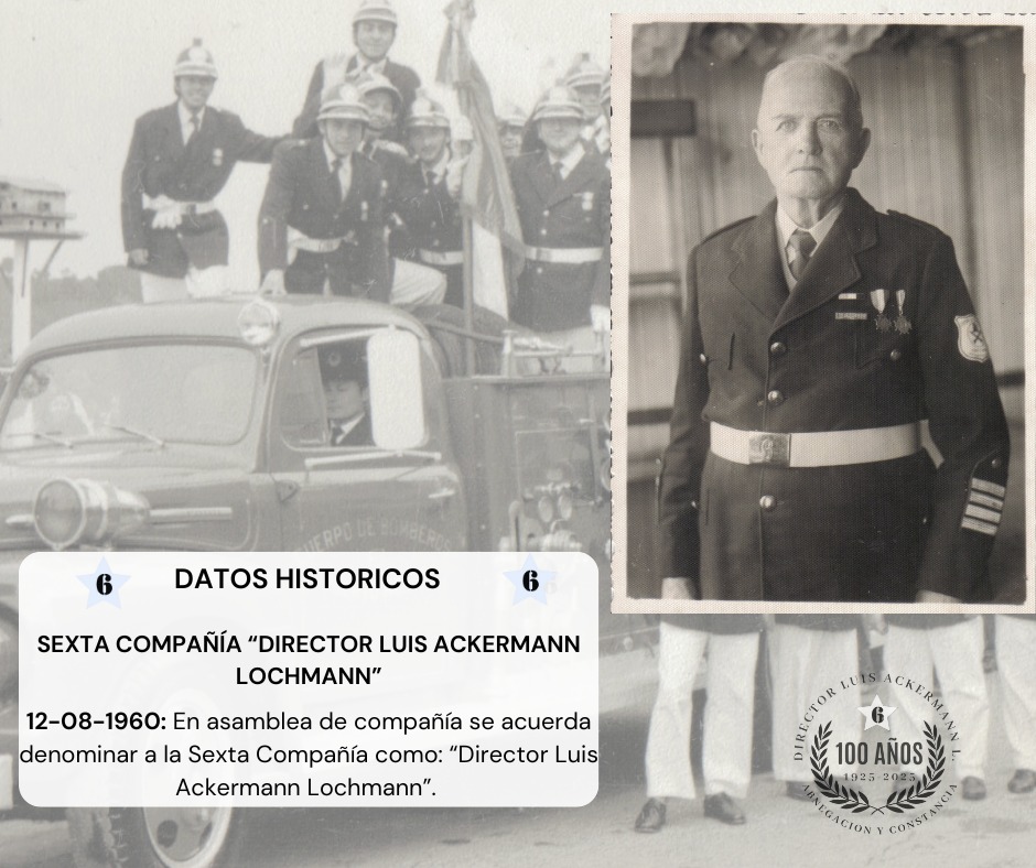 ¡CONOCIENDO NUESTRA HISTORIA!

En sesión de compañía del 12 de agosto de 1960, se acuerda denominar a la Sexta compañía como: "Director Luis Ackermann Lochmann."

#puertomontt #celebrandoelcentenario #SEXTA  #100añosenelbarriopuerto #viviendoelcentenario

facebook.com/share/p/16P7s5…