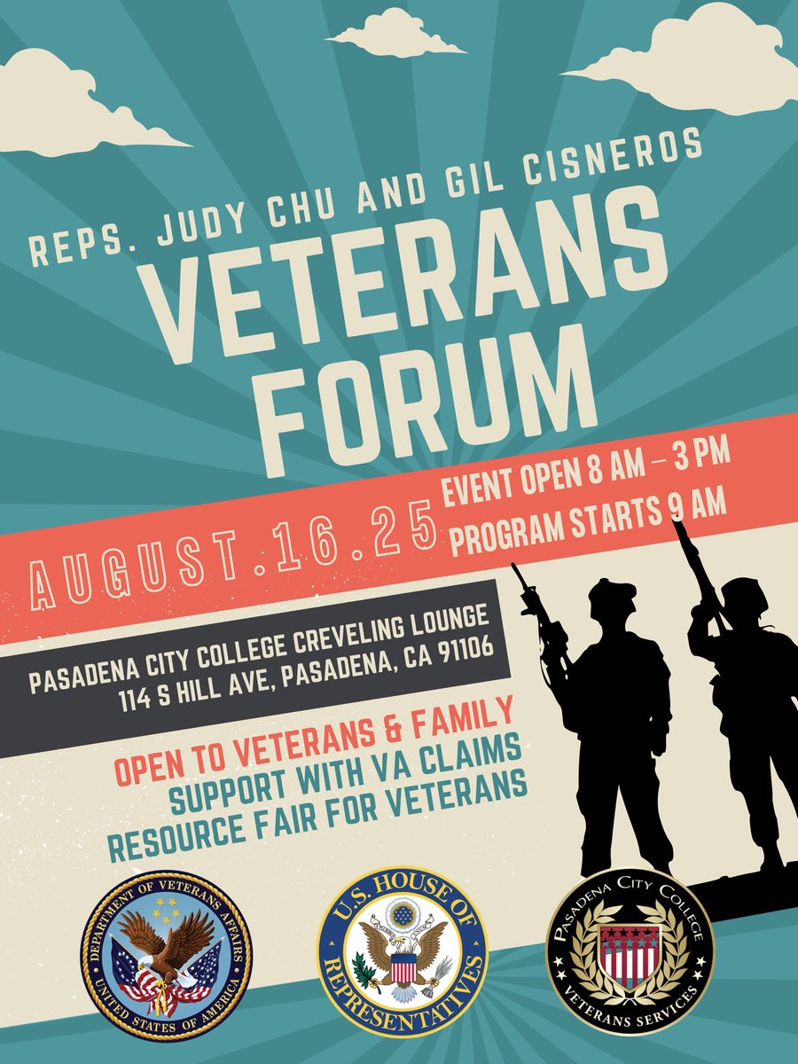 Don’t forget: register for my Veterans Forum with @repjudychu on August 16. It will be a day of insightful discussion, networking opportunities, and support for veterans in the San Gabriel Valley. Caseworkers will be there from the VA to assist with any inquiries, so make sure