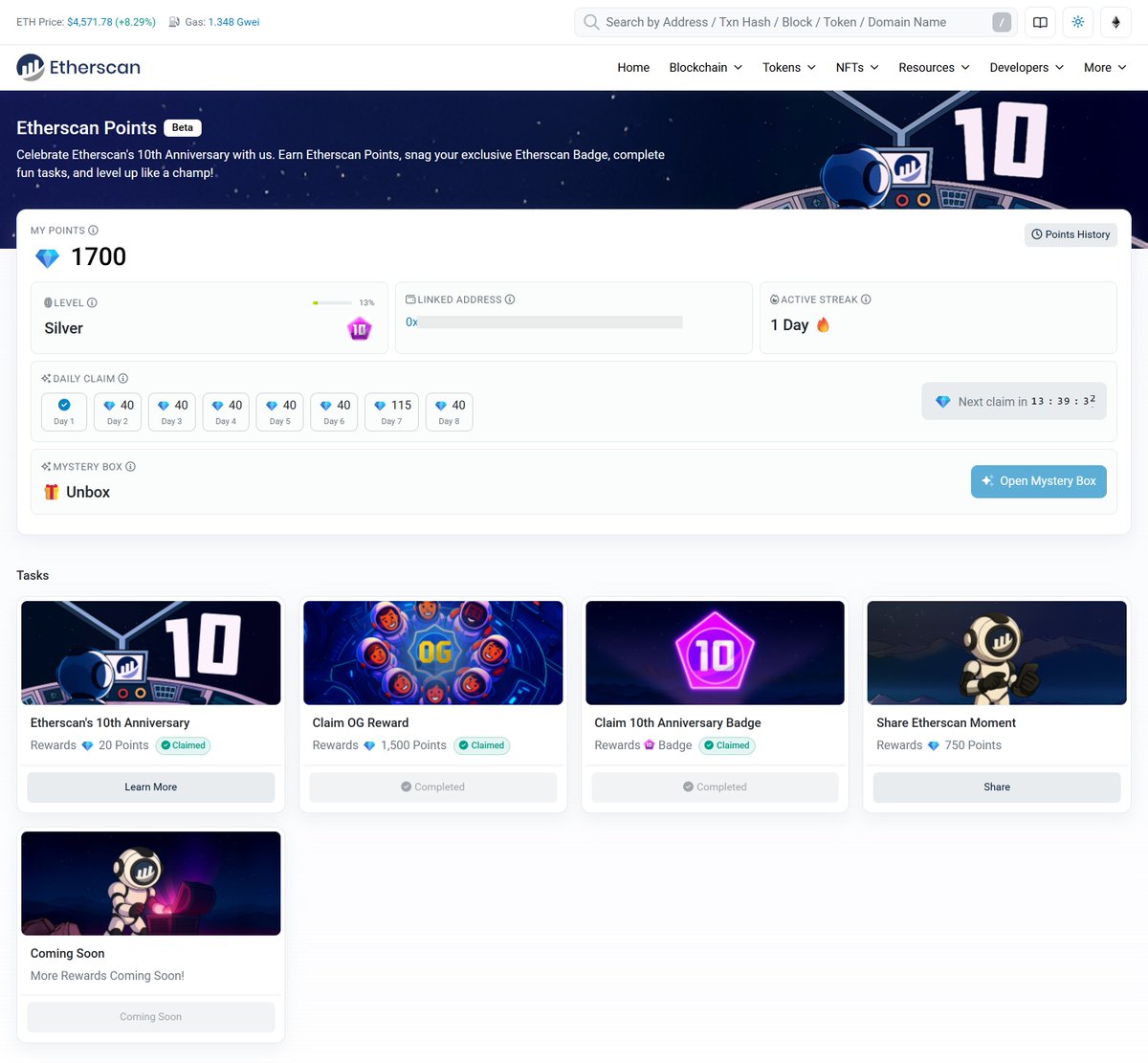 Etherscan's 10th Anniversary
กิจกรรมเข้าร่วมฟรี 10 ปีของ <a href="/etherscan/">etherscan.eth</a> 
👉 etherscan.io/points

ผู้ที่มีสิทธิ์เข้าร่วม:
เคยสมัครบัญชี Etherscan ก่อน 12 สิงหาคม 2025

แค่เช็คอินทุกวัน / เคลมแต้ม OG Reward / Mystery Box / ผูกกระเป๋าเคลม Badge / ผูกบัญชี X และแชร์เรื่องราว