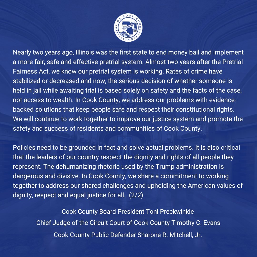 Today, Chief Public Defender Sharone Mitchell, Jr. joined Cook County Board President Toni Preckwinkle and Chief Judge Timothy Evans to call out Trump's misinformation about community safety and pretrial reforms in Chicago and Illinois.