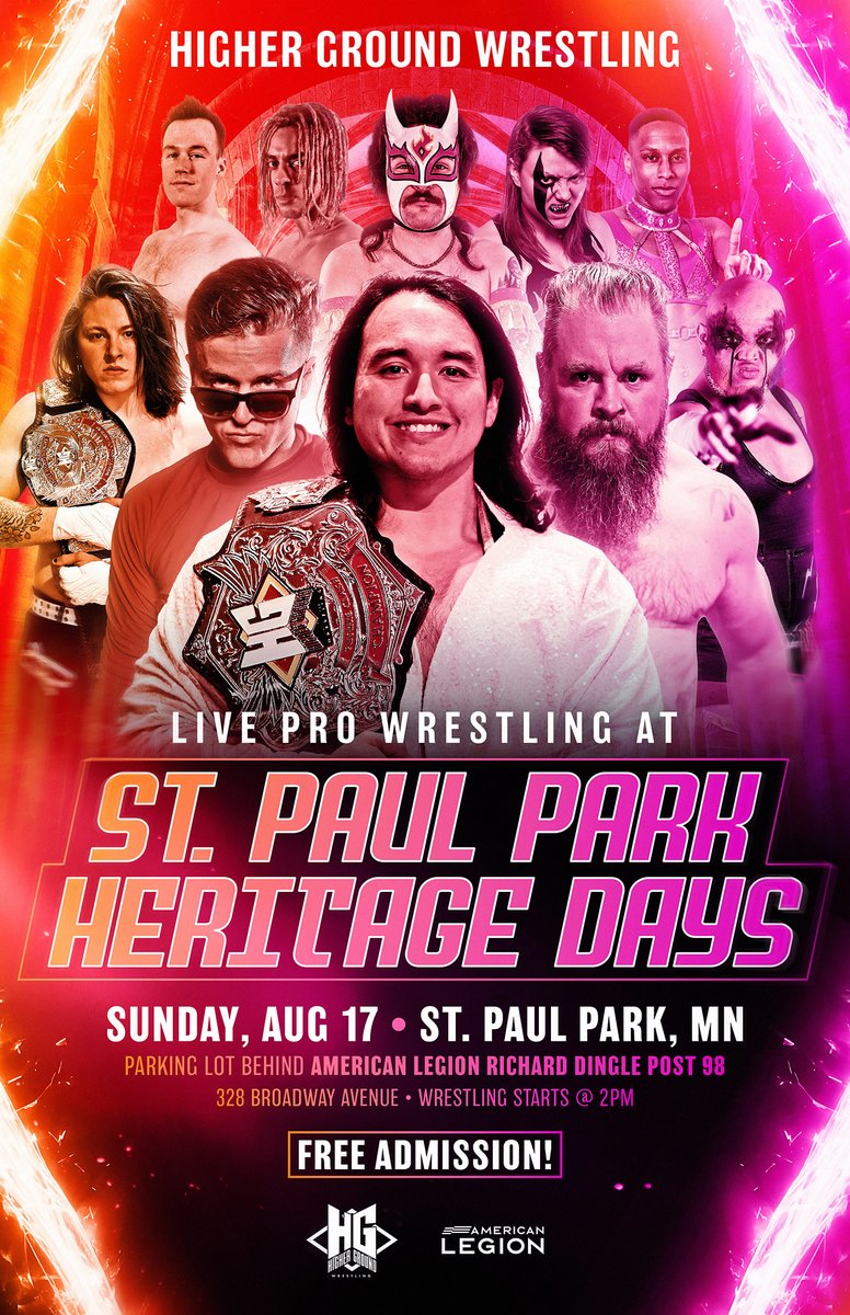 This Sunday in St Paul Park!

FREE Pro Wrestling event at Heritage Days!

See the stars of Higher Ground starting at 2 PM behind the American Legion!