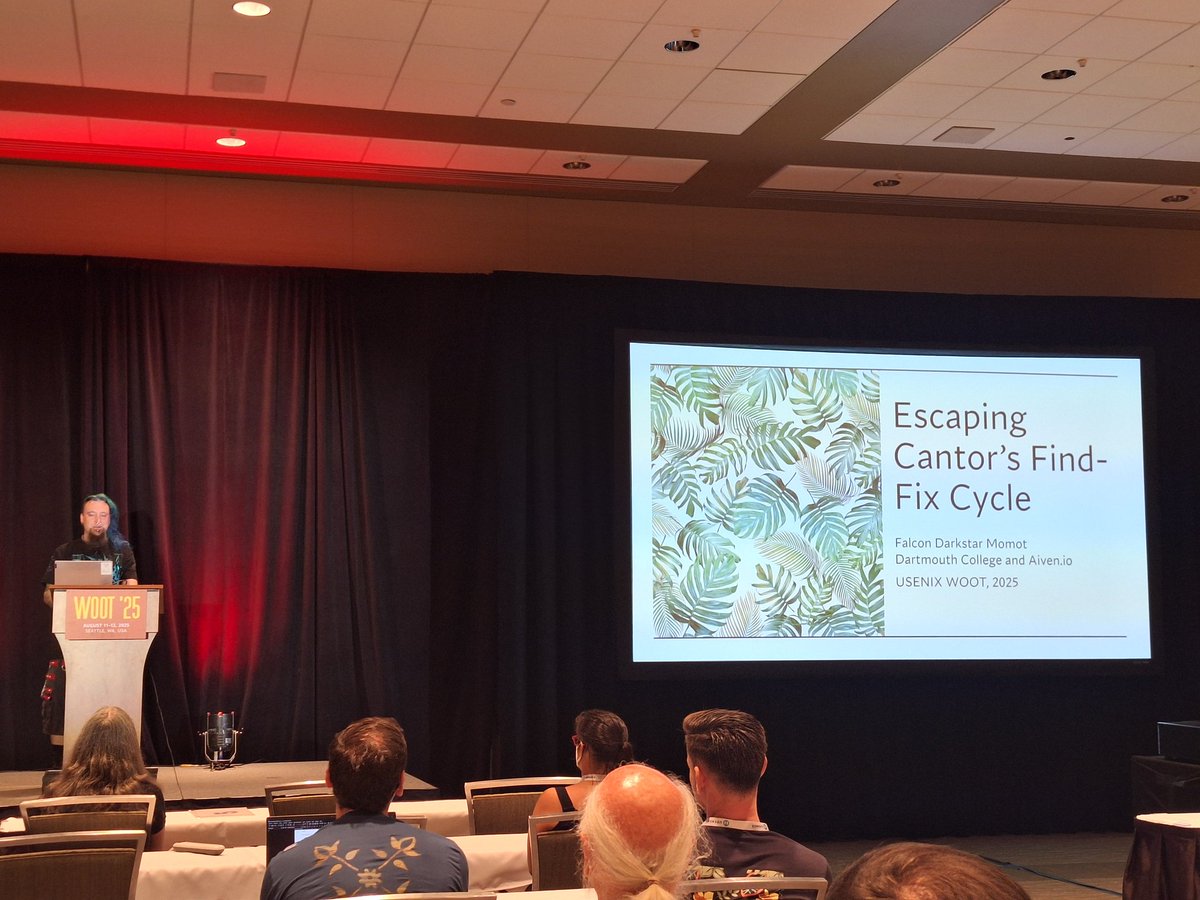 USENIX WOOT Conference on Offensive Technologies (@wootsecurity) on Twitter photo WOOT 2025 closing Keynote
"Escaping Cantor's Find-Fix Cycle"
by <a href="/FalconDarkstar/">Falcon Darkstar</a> from <a href="/dartmouth/">Dartmouth 🌲</a> and <a href="/aiven_io/">Aiven</a> WOOT 2025 closing Keynote
"Escaping Cantor's Find-Fix Cycle"
by <a href="/FalconDarkstar/">Falcon Darkstar</a> from <a href="/dartmouth/">Dartmouth 🌲</a> and <a href="/aiven_io/">Aiven</a>