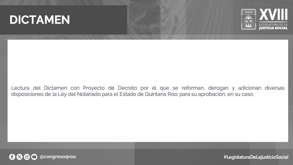 #PeriodoExtraordinario Lectura del Dictamen con Proyecto de Decreto por el que se reforman, derogan y adicionan diversas disposiciones de la Ley del Notariado para el Estado de Quintana Roo
🔴#EnVivo
facebook.com/CongresoQRoo/v…
