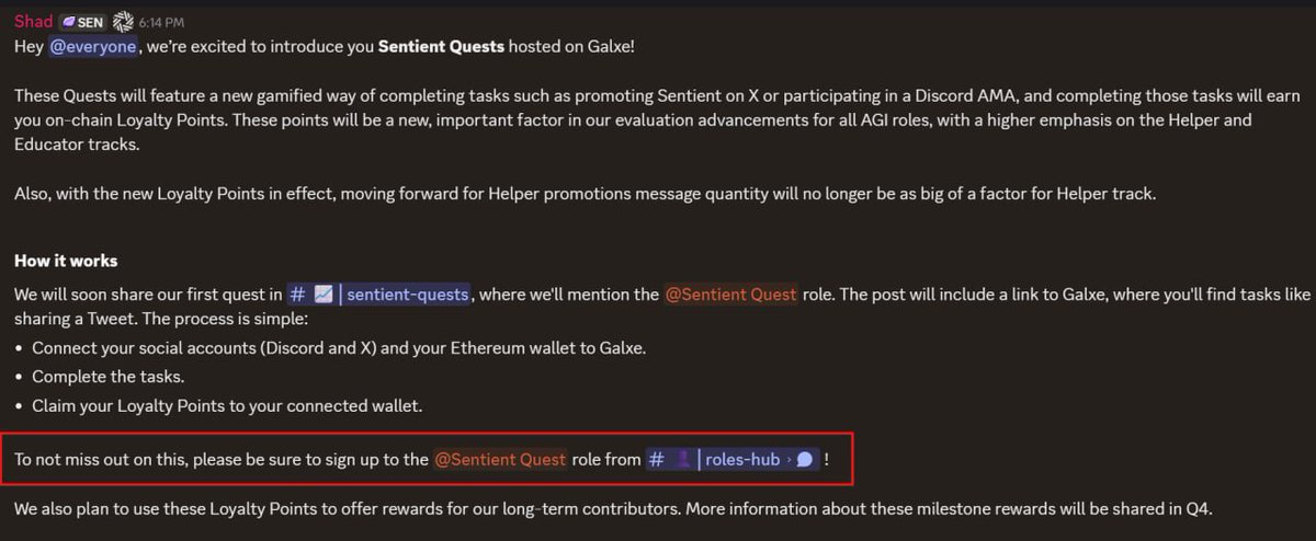 x_kasana's tweet photo. 🪂Sentient Airdrop Galxe Quests Incoming!!!

💰 Funding: $85M
💵 Galxe Quests + Loyalty Points = Airdrop Rewards

Q4 details coming, but here' s how to get started now 

1️⃣Join Discord➡️https://t.co/xeoZWXDhIh
2️⃣ Go to # roles-hub➡️Click Sentient Stan➡️Claim your role

How it works:

🟢 Quests on Galxe (share tweets, join AMAs, etc.)
🟢 Earn onchain Loyalty Points (key for AGI role upgrades: Helper/Educator)
🟢 Connect Discord + X + Ethereum wallet➡️complete tasks➡️claim points
🟢 Loyalty Points = long-term contributor rewards

📌 Grab your role now, first quest drops soon.