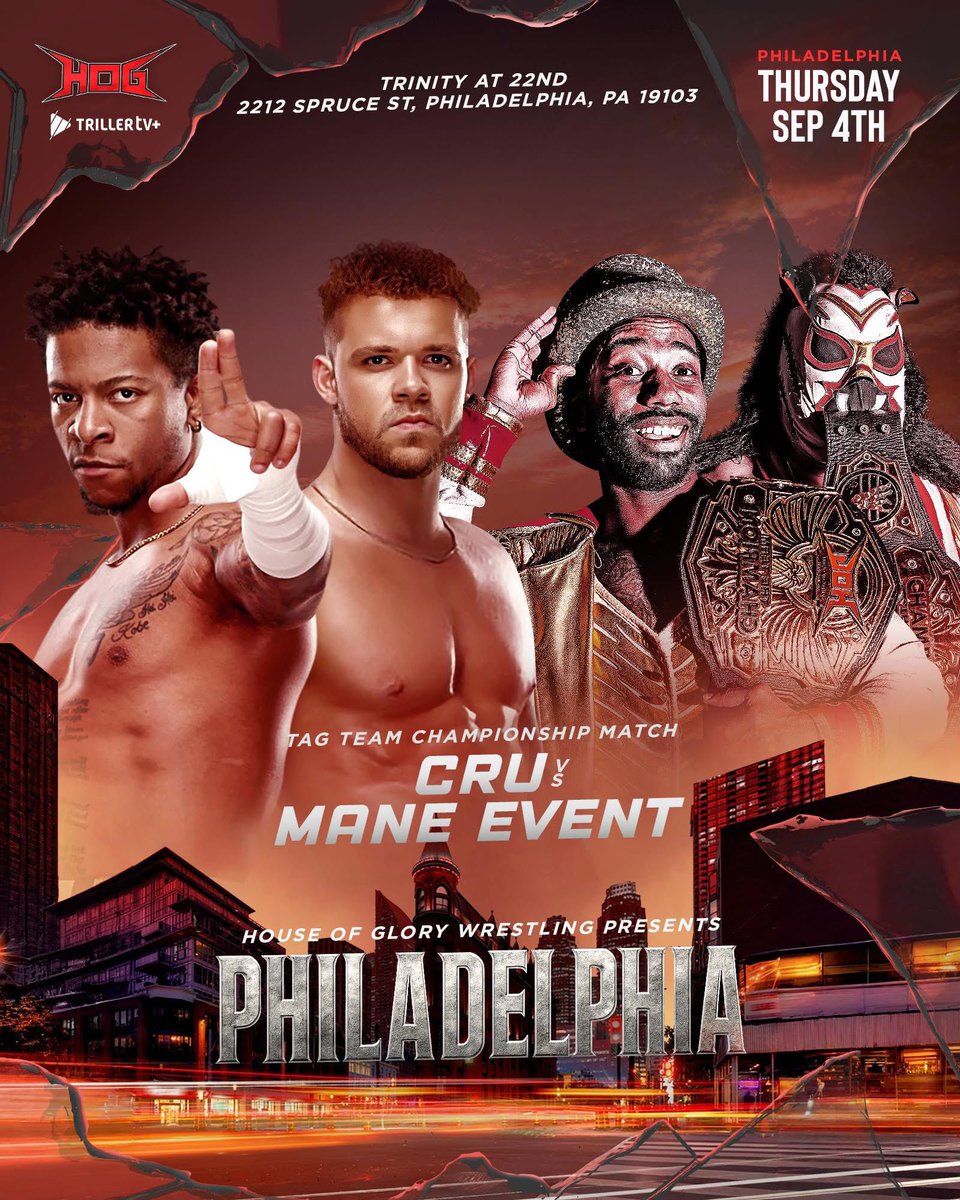 House Of Glory Wrestling (@hogwrestling) on Twitter photo Philadelphia! The HOG Tag Team Championships are on the line when <a href="/RingmasterMidas/">Ringmaster_Midas🎩🎪</a> & <a href="/Blazin_Lyon/">Jay Lyon</a> defend against The Cru’s <a href="/IamLioRush/">Lio Rush 🖤</a> & <a href="/ActionAndretti/">Action Andretti</a> on Thursday September 4th!
Get your tickets now! ⬇️
tickettailor.com/events/houseof… Philadelphia! The HOG Tag Team Championships are on the line when <a href="/RingmasterMidas/">Ringmaster_Midas🎩🎪</a> & <a href="/Blazin_Lyon/">Jay Lyon</a> defend against The Cru’s <a href="/IamLioRush/">Lio Rush 🖤</a> & <a href="/ActionAndretti/">Action Andretti</a> on Thursday September 4th!
Get your tickets now! ⬇️
tickettailor.com/events/houseof…