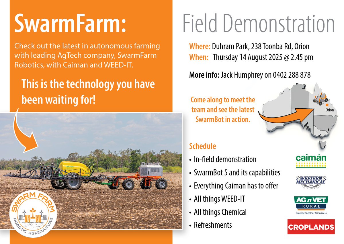 Experience firsthand how SwarmConnect works seamlessly to tackle tasks with precision and efficiency that's out of this world! 🌍
We are looking forward to seeing you tomorrow!
📍Orion, QLD @  2.45pm
Make sure to come along and be part of the robotic revolution!

#FutureOfFarming