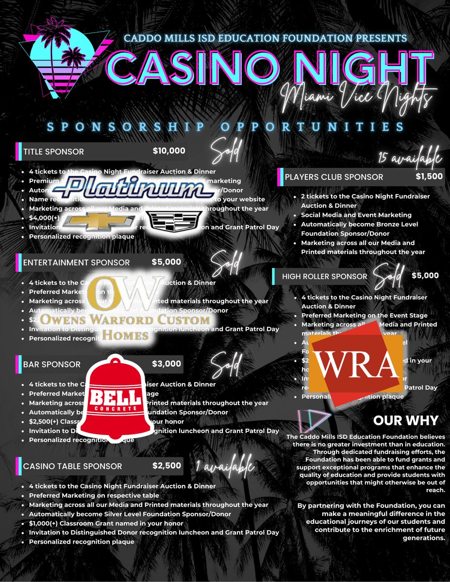 Calling All Caddo Mills Foundation Supporters!
Get ready for our BIGGEST event of the year — the Casino Night Dinner &amp; Auction Fundraiser!
🙌 Sponsorship Opportunities Available Now!
📩 Email Jennifer at cmisdfoundation@caddomillsisd.org to learn more!