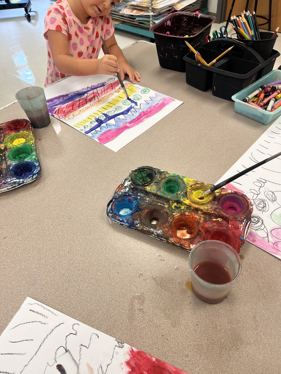 Crivera7716's tweet photo. Kindergarten artists working hard learning to use the paint brush and all things lines! 🎨 @UnitedArtsWake @Crayola https://t.co/7hZuY1RYGn