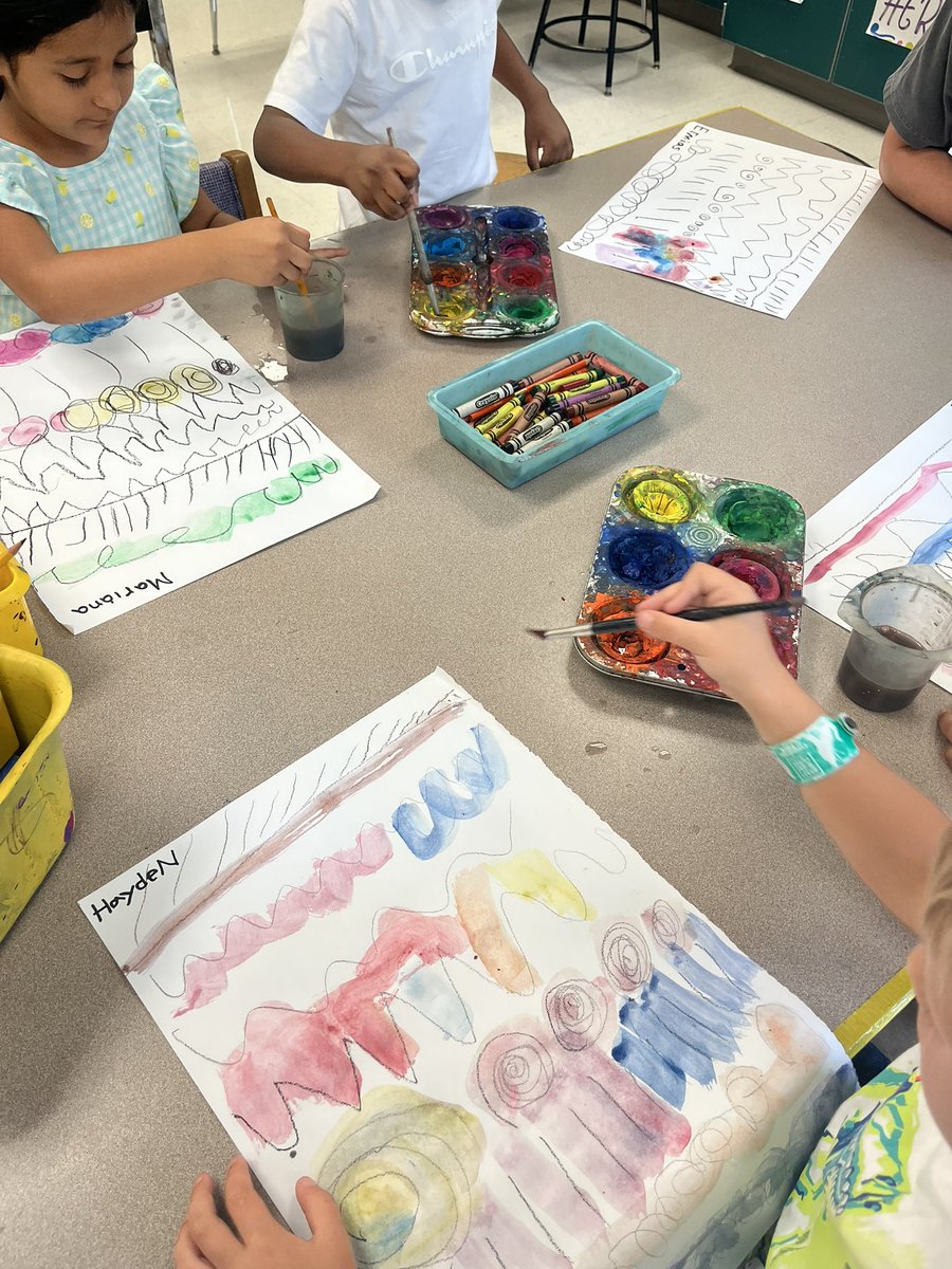 Crivera7716's tweet photo. Kindergarten artists working hard learning to use the paint brush and all things lines! 🎨 @UnitedArtsWake @Crayola https://t.co/7hZuY1RYGn