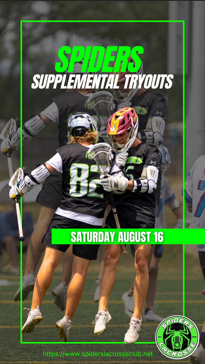 Spiders Lacrosse will be having a supplemental tryout this Saturday at Western Reserve Academy, 9 am - 12 pm (31, 32, 33, 33 at 9:00 - 10:30) (27, 28, 29, 30 at 10:30 - 12:00). Register at spiderslacrosseclub.net/program/spider…