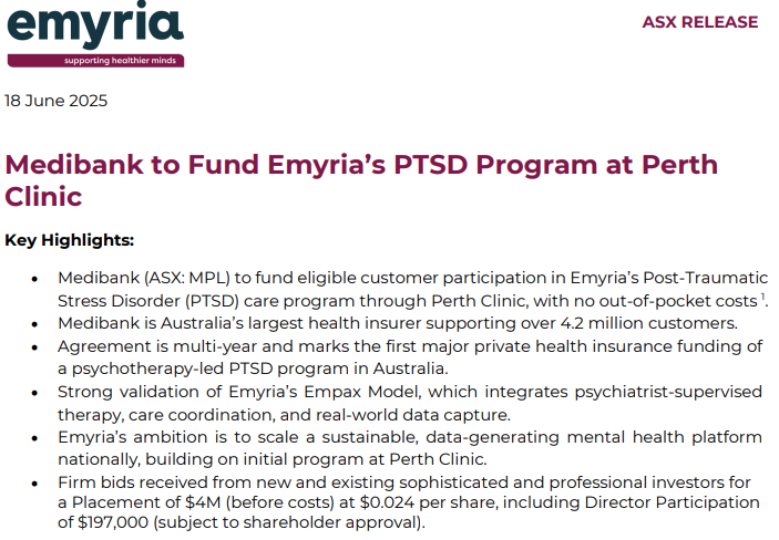MrShare_expert's tweet photo. Part 4 of 6 $EMD

Had to be on this list for various reasons as below &
@9NewsAUS all over this Company

🔥🔥 $EMD #mdma #medibank #PTSD #EMPAX🔥🔥 

"THE MOST ADVANCED #Psychedelic therapy Company" with their cutting Edge research into #psychedelic therapy for #ptsd #trd #distress & more..

   🚨 Recent landmark agreement and globally the first company to get funding from The largest Private Health Insurance company in Australia (#MEDIBANK $MPL MC ~ $14B ) into #mdma psychotherapy for #ptsd  🚨

⚡️Health Insurance Funding from MEDIBANK (first ever globally)
⚡️No caps or quota  (unlimited) funding from #Medibank private LTD $MPL $14B MC
⚡️ Revenue Generating company. Medibank Funding Revenues to be collected from Next Quarter 2025, onwards

⚡️3rd clinic with "AVIVE Health" mental Hospital in #Brisbane 

⚡️"AVIVE HEALTH" owns hospitals in SA & Victoria hence future expansion to these hospitals very likley  in Future

⚡️Currently Rolling out Clinics nationally..
⚡️3 clinics ( 2 opened, 3rd end of this year 2025)
⚡️spearheaded by Greg Hutchinson, cornerstoned $1m into his first CR  with further investment in last CR
⚡️ $25-$30k per patient
⚡️ 30 patients enrolled

⚡️ @9NewsAUS all over the company, check it out at https://t.co/X9pFKxYQTs
for Empax Psilocybin-Assisted Therapy for Cancer-Related Emotional Distress (running trials in 2 months into other mental Disorders #emotional Distress, 87 patients Target)

⚡️a positive side effect on other mental disorders while treating #PTSD #TRD 
⚡️ Bonus loyality options in Sept  for shareholders💪💪

i could Go on & on, on this until my keyboard breaks but i ll leave it here😅... 

My 2nd biggest holding currently and hOdling tight..🙌 
Pls do your own research before investing & do so at your own risk, above are my opinions only. TY4Reading