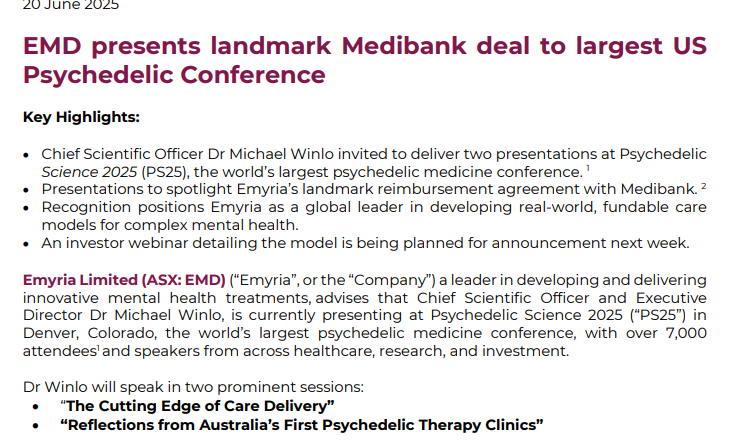 MrShare_expert's tweet photo. Part 4 of 6 $EMD

Had to be on this list for various reasons as below &
@9NewsAUS all over this Company

🔥🔥 $EMD #mdma #medibank #PTSD #EMPAX🔥🔥 

"THE MOST ADVANCED #Psychedelic therapy Company" with their cutting Edge research into #psychedelic therapy for #ptsd #trd #distress & more..

   🚨 Recent landmark agreement and globally the first company to get funding from The largest Private Health Insurance company in Australia (#MEDIBANK $MPL MC ~ $14B ) into #mdma psychotherapy for #ptsd  🚨

⚡️Health Insurance Funding from MEDIBANK (first ever globally)
⚡️No caps or quota  (unlimited) funding from #Medibank private LTD $MPL $14B MC
⚡️ Revenue Generating company. Medibank Funding Revenues to be collected from Next Quarter 2025, onwards

⚡️3rd clinic with "AVIVE Health" mental Hospital in #Brisbane 

⚡️"AVIVE HEALTH" owns hospitals in SA & Victoria hence future expansion to these hospitals very likley  in Future

⚡️Currently Rolling out Clinics nationally..
⚡️3 clinics ( 2 opened, 3rd end of this year 2025)
⚡️spearheaded by Greg Hutchinson, cornerstoned $1m into his first CR  with further investment in last CR
⚡️ $25-$30k per patient
⚡️ 30 patients enrolled

⚡️ @9NewsAUS all over the company, check it out at https://t.co/X9pFKxYQTs
for Empax Psilocybin-Assisted Therapy for Cancer-Related Emotional Distress (running trials in 2 months into other mental Disorders #emotional Distress, 87 patients Target)

⚡️a positive side effect on other mental disorders while treating #PTSD #TRD 
⚡️ Bonus loyality options in Sept  for shareholders💪💪

i could Go on & on, on this until my keyboard breaks but i ll leave it here😅... 

My 2nd biggest holding currently and hOdling tight..🙌 
Pls do your own research before investing & do so at your own risk, above are my opinions only. TY4Reading