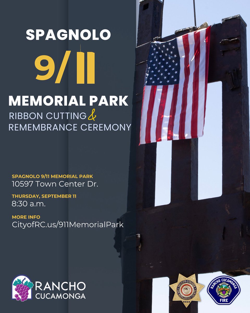 Join us Sept.11 at 8:30 AM for the 9/11 Remembrance Ceremony at the new Spagnolo 9/11 Memorial Park (10597 Town Center Dr.). 

Together, we honor the 2,977 lives lost &amp; remember their sacrifice. 

More info: CityofRC.us/911memorialpark 

#RCCommUNITY