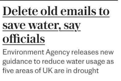 Grummz's tweet photo. UK government says to delete your emails and pictures to save water.

This is the same gov that is telling you they know better than you what websites you can visit. https://t.co/2EYGlNS8hG