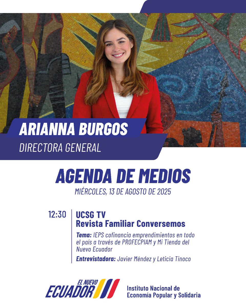 IEPS_Ec's tweet image. #IEPSEnMedios 🎙️ | Este miércoles 13 de agosto, nuestra directora general @Ariannaburgosca contará los avances de los proyectos de inversión que impulsa el #IEPS:

✅ #PROFECPIAM
✅ Mi Tienda de #ElNuevoEcuador

📻 Sintoniza #UCSGTV
¡No te lo pierdas!

#SomosEPS
#NadaNosDetiene