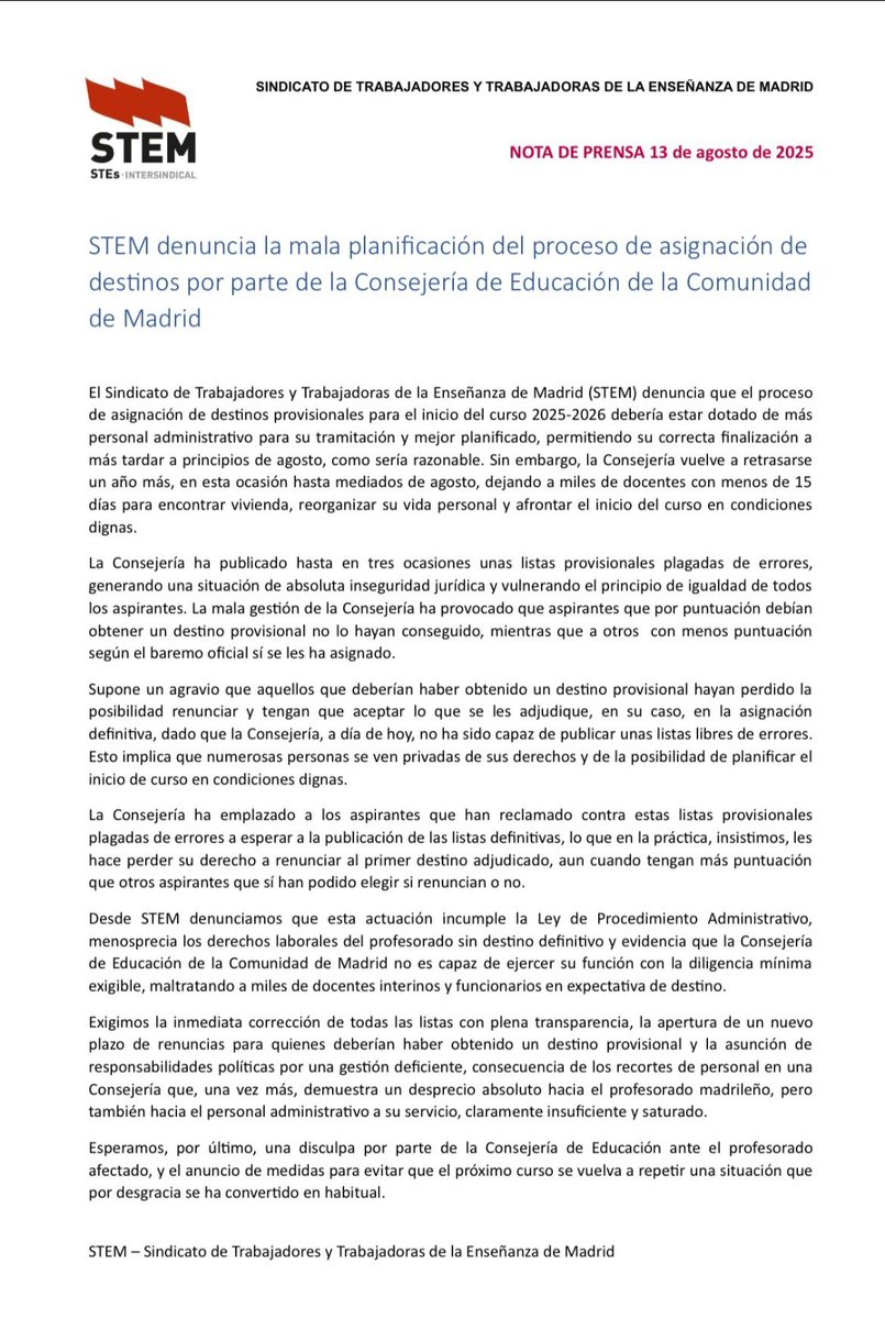 📢 Denunciamos la mala planificación en la asignación de destinos por parte de la Consejería de Educación de Madrid.

❌ Retrasos hasta mediados de agosto
❌ Listas provisionales llenas de errores
❌ Inseguridad jurídica y pérdida de derechos para miles de docentes

📄 Exigimos: