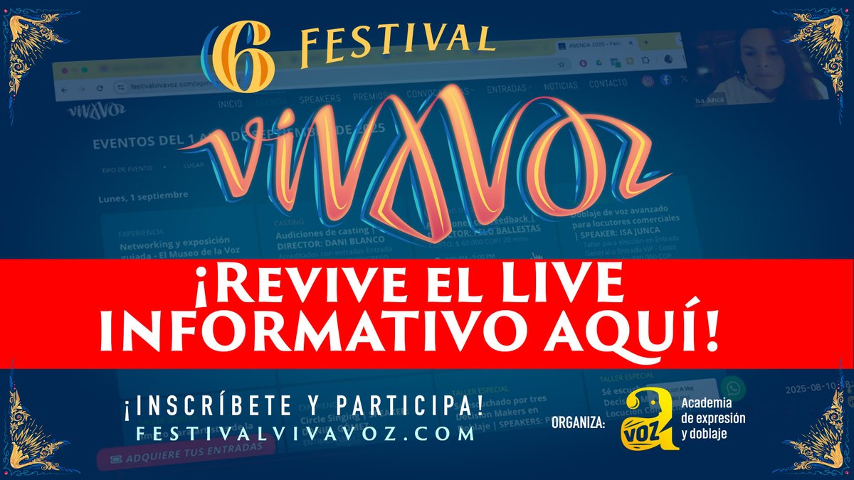 🎤 Una Semana de Voz, Arte y Transformación en Bogotá. ¿Listos para Vivir la Voz? Así será el Festival Viva Voz 2025. REVIVE EL LIVE INFORMATIVO: festivalvivavoz.com/noticias-viva-…
#TalleresDeVoz #Doblaje #Narración #Actuación #CoachingDeVoz #IndustriaDelAudio  #VivaVoz2025 #AvozAcademia
