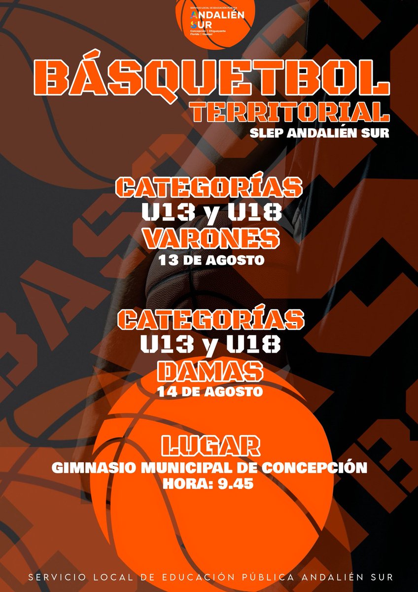 🏀🔥 ¡Mañana comienza la acción!

🏅Inicia el Campeonato Territorial de Básquetbol Varones 🏆 en las categorías U13 y U18, clasificatorio para la etapa provincial de los Juegos de la Educación Pública.

📅 Hora: Desde las 09:45 hrs
📍 Lugar: Gimnasio Municipal de Concepción