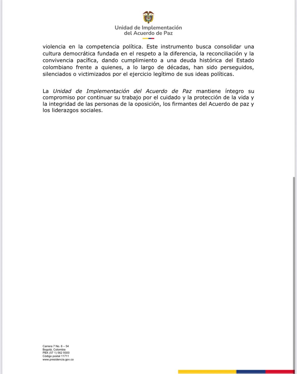 Unidad de Implementación del Acuerdo de Paz (@uacuerdopaz) on Twitter photo El homicidio del senador y líder opositor <a href="/MiguelUribeT/">Miguel Uribe</a> constituye un hecho de la mayor gravedad para la democracia colombiana al atentar contra el principio esencial del Acuerdo Final de Paz de garantizar el ejercicio libre y seguro de la política, en especial de la oposición. El homicidio del senador y líder opositor <a href="/MiguelUribeT/">Miguel Uribe</a> constituye un hecho de la mayor gravedad para la democracia colombiana al atentar contra el principio esencial del Acuerdo Final de Paz de garantizar el ejercicio libre y seguro de la política, en especial de la oposición.