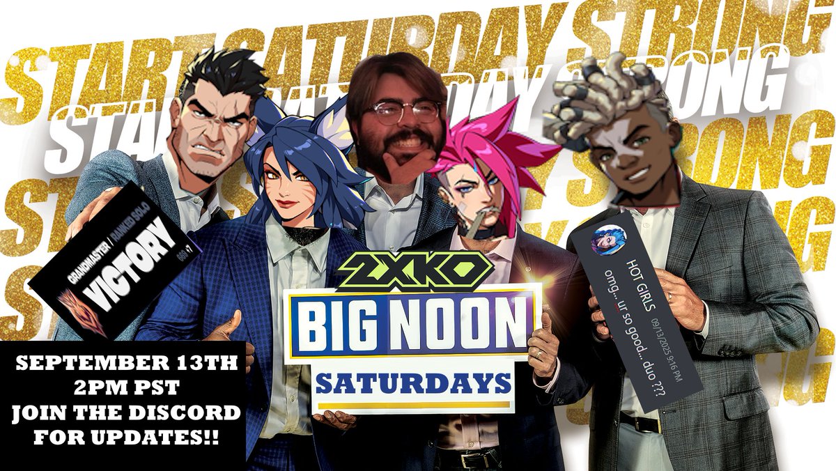 BIG NOON SATURDAYS #1 
COME SIGN UP! MATCHERINO -> start.gg/noon
 gonna stream and talk about the event and 2XKO footage! please share and RT and come share the event and duo with a friend or solo up!

twitch.tv/supernoon
